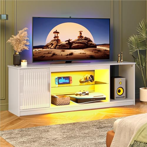 Bestier Meuble TV pour téléviseur 65 Pouces,Centre multimédia Gaming avec Support cannelé Brillant pour PS5,Xbox et Console TV,étagères en Verre...