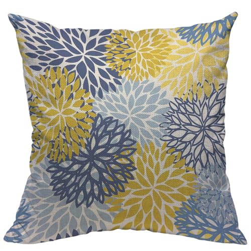 TKS MITLAN Chrysanthemum Pillow Covers 18x18 Inch Blue Yellow and Navy Spring Floral Plant Leaf Retro Style Pillows Decorative Throw Pillows Farmhouse Decor for Home Cushion Case