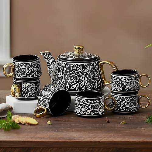Image of CRAF10 Ceramic Handpainted with Brush Black Desire Gold Tea Morning Set - 1 Kettle (1 Litre) & 6 Cups (160 ML) | Dishwasher Safe | Teapot | Tea Sets with Kettle for Gifting