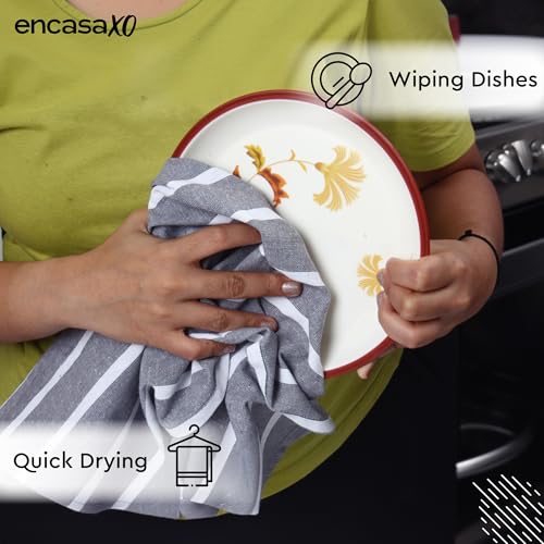 Image of Encasa XO Kitchen Towels Cotton Pack of 4 | 70x45 cm, Roma Grey Stripes - Dish Cloths | Highly Absorbent Cleaning & Wiping Cloths for Kitchen | Reusable Tea Towels