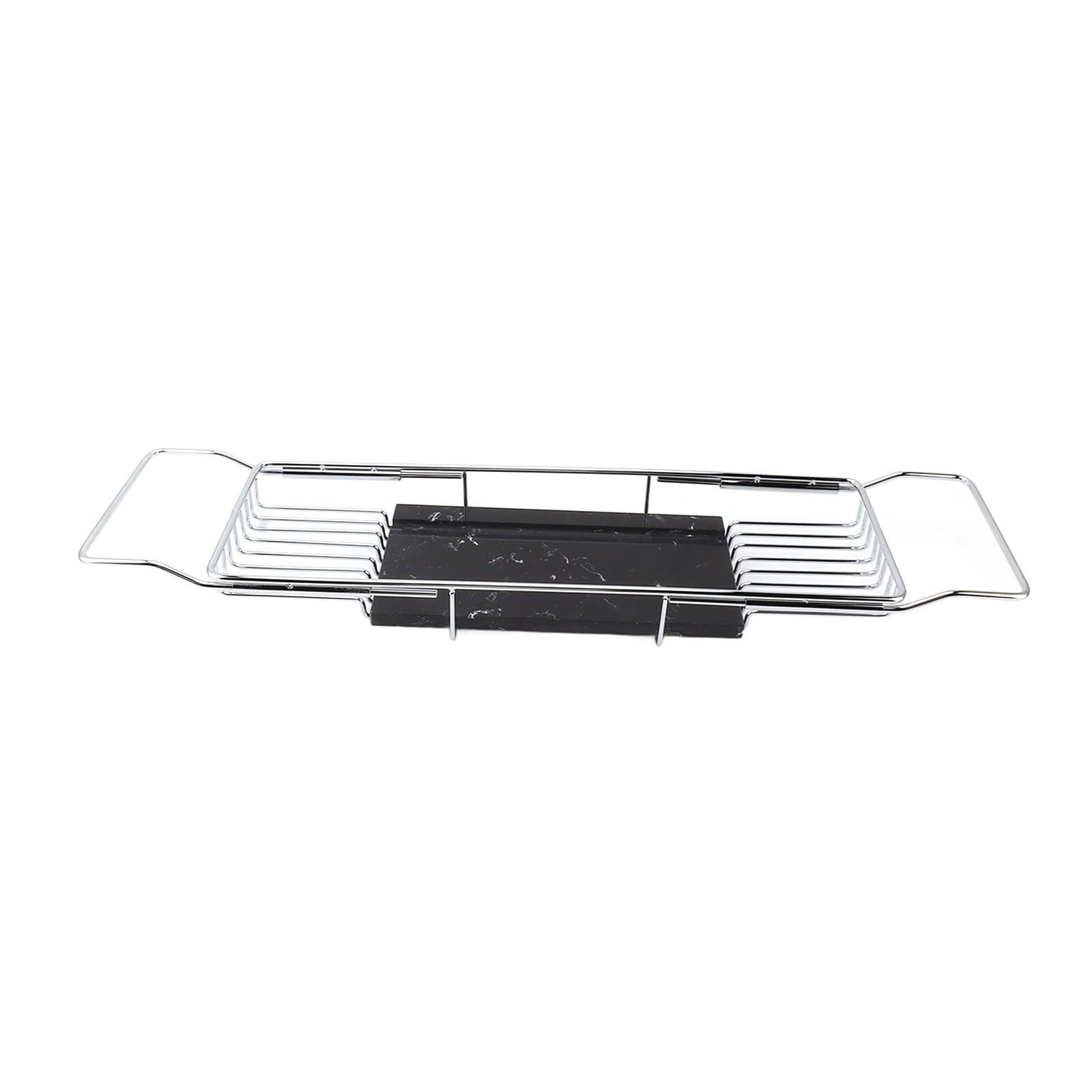 Elegante bandeja para bañera, moderno estante de metal para artículos esenciales de spa, champú y accesorios de baño, organizador que ahorra espacio en plata/negro, ideal para decoración de baño de