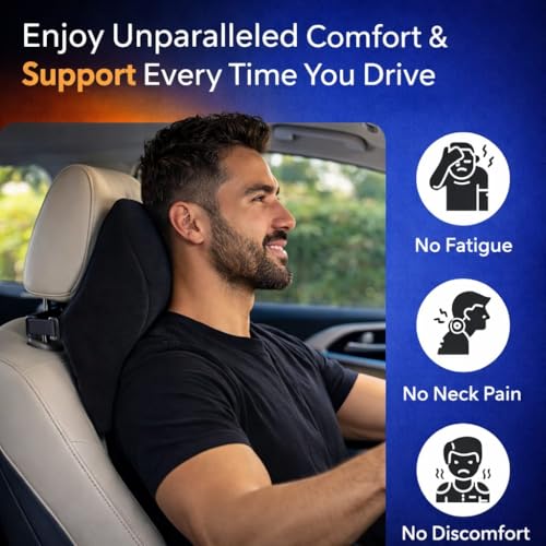 Image of Car Neck Pillow, Black | 100% Pure Memory Foam, Ergonomic Suede Headrest, Adjustable Strap, Cervical Support & Pain Relief, Universal Fit