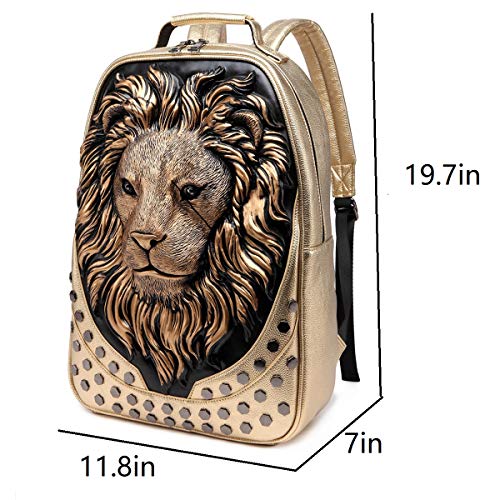 3D Lion Leather Laptop Backpack Unique Designer Fashion Travel Rivet Punk Backpack (Black G)2