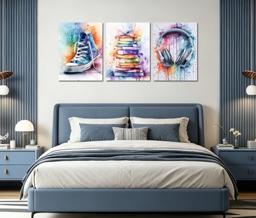 Image of Frimeeme 3Pcs Headphones Books Sneakers Print Poster, 12x16 inches