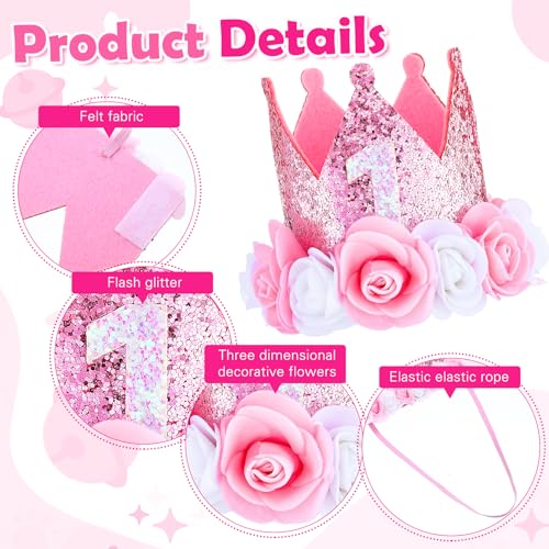 1st Birthday Crown for Girls, Pink Sprinkle First Birthday Hat, 1 Year Rose Gold Baby Girl Decoration, One Year Old Flowers Princess Outfit Felt Toddler Headband for Photo Props3