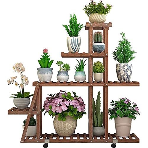 Outdoor Plant Stand Rack with Wheels Wooden Indoor Plant Shelf Stand Large 5 Tiers for Patio Garden