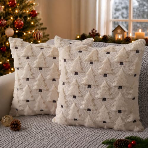 Image of Allorry Christmas Pillow Covers 26x26 inch Set of 2 Christmas Decorations Soft Plush Faux Fur Wool Beige Christmas Tree Throw Pillow Cases Winter Holiday Decor for Sofa Living Room PT002C26