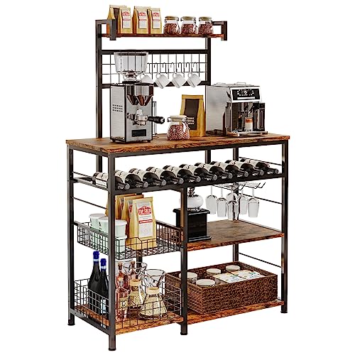 Honkazita Farmhouse Coffee Bar Cabinet - 47" Sideboard Buffet Cabinet With 10 Hooks And Removable Sliding Storage Basket - Ideal For Kitchen& Dining&Living Room - Rustic Brown #TOP22