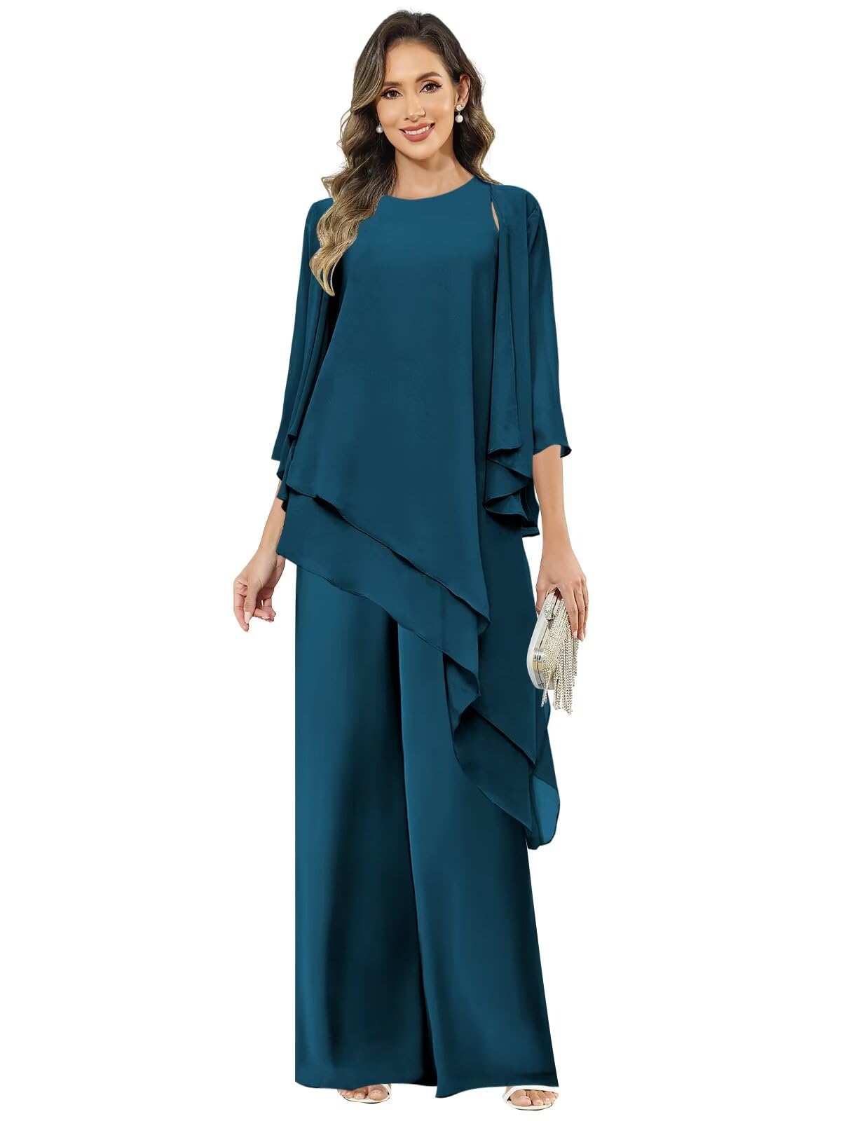 BOLENSYE 3 Pieces Mother of The Bride Pant Suits for Women Long Sleeve Chiffon Lace Formal Outfits