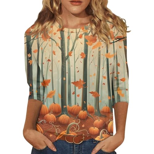 2024 Halloween Shirts for Women Pumpkin Graphic Tees Trendy 3/4 Sleeve Tops Workout Fall Crewneck Tunic Blouse