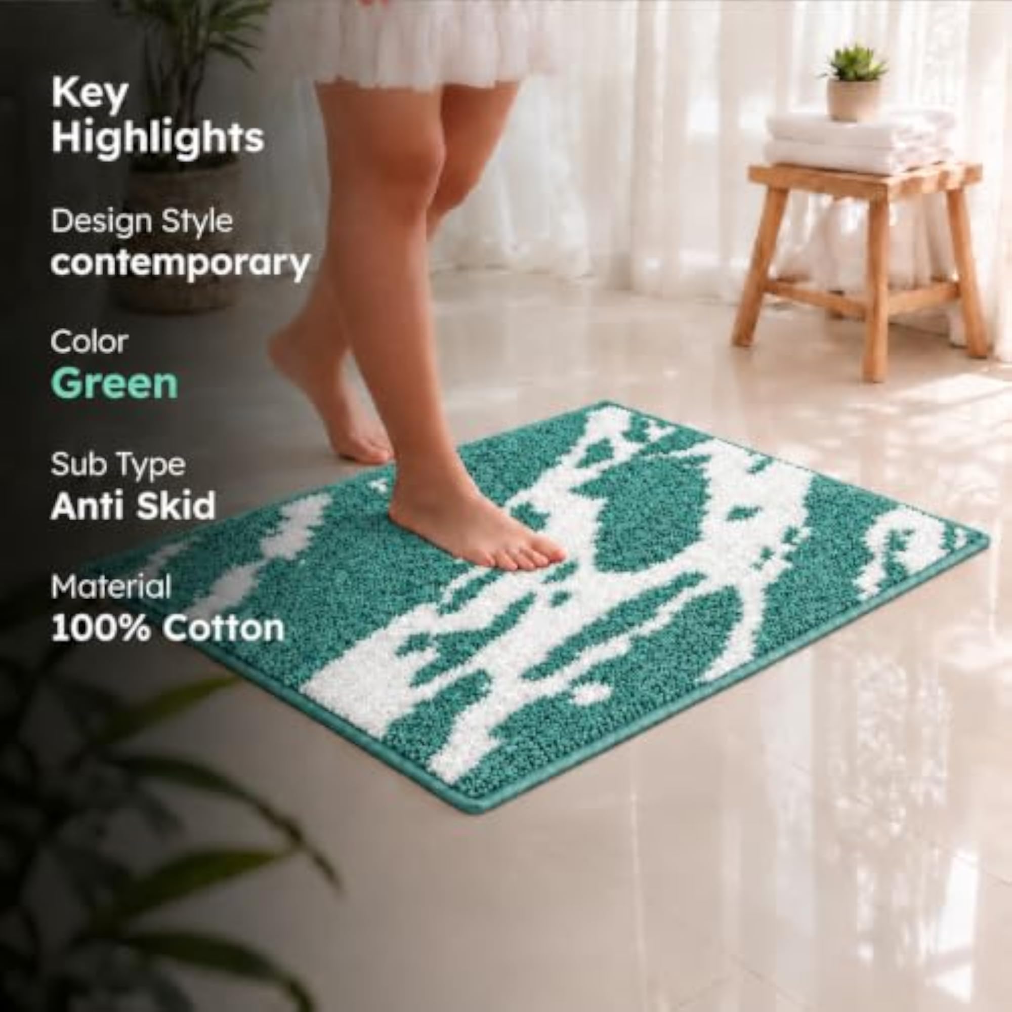 Pack of 2 Green Bathroom Rugs, Soft and Absorbent