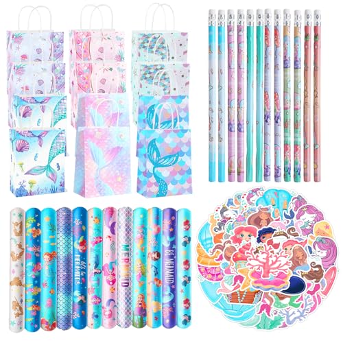 Eymobad 86 peças bolsas de sereia para festa, 12 sacos de papel de sereia, 12 pulseiras Slap para meninas, 12 lápis, 50 autocolantes, 12 lápis, presente de aniversário infantil para meninas