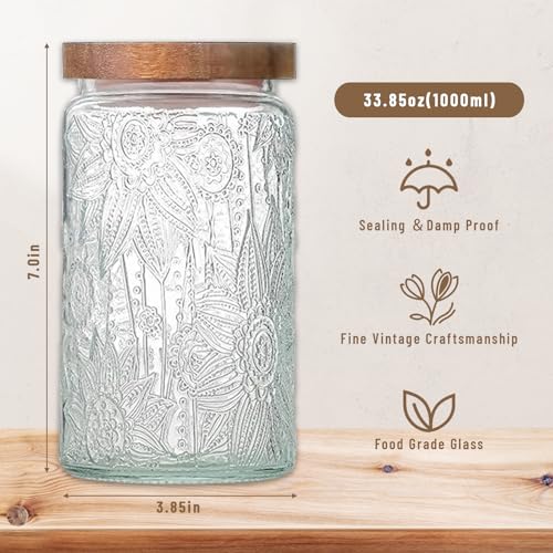Image of Vintage Glass Jars with Wooden Lids, 2 Pack 34 oz Airtight Glass Food Storage Containers Sets for the Kitchen, Sugar Coffee Candy Spice Cookie Tea Pasta