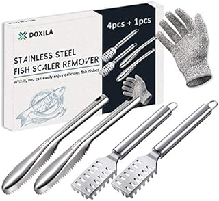 DOXILA Fish Scale Remover, 4PCS Stainless Steel Fish Scale Cleaner Scraper with Glove, Saw Tooth Fish Cleaning Brush Peeling Descaler Kit, Kitchen Cooking Prepare Tools, Easier & Faster Scaling