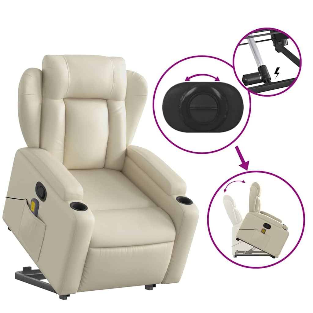 Sillón elevador reclinable con masaje de 6 puntos, de piel sintética, función de elevación eléctrica y reclinación manual, estructura estable de madera y metal,