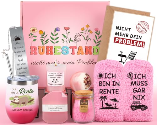 Giftota Ruhestand Geschenk Box Frauen, Renteneintritt Geschenk Frau Abschied Kollegen, Rosa Thermobecher Wellness Geschenkbox, Lustige Socken Ruhestand Rente, Abschiedsgeschenk Kollegin Kollege