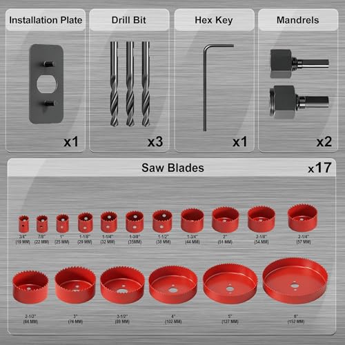 Image of KATA 25 PCS Hole Saw Kit with 3 /4 inch-6 inch for Soft Wood, Drywall, Plastic, Red | Carbon Steel Hole Saw Set with Wrench, Mandrels, Hex Key, Multi-Size Hole Cutter Drill Bit for Plywood & Wood Home Use