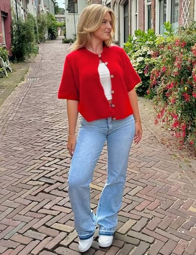 Image of Wyeysyt Womens Cropped Knitted Cardigan Y2K Short Sleeve Button Down Sweater Cardigan Shirt Casual Solid Color Ribbed Outwear