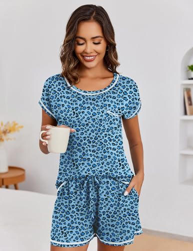 Image of Ekouaer Womens Pajama Sets 2 Piece Soft Short Sleeve Top and Shorts Sleepwear Round Neck Pjs Lounge Set with Pockets