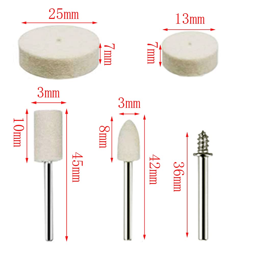 Produktbild von 122-teiliges Wollfilz Polierscheiben Set – 25mm & 12mm, Mit Polierpaste (rot & Grün), 3mm Schaft, Für Metall, Glas, Jade Und Holz