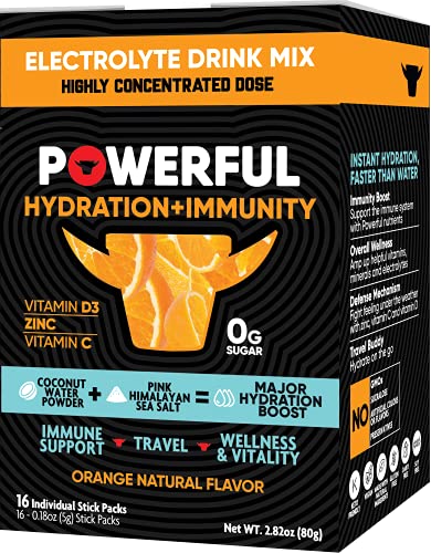 Powerful Nutrition Hydration Plus Immunity, Orange, 16 Count, 0G Of Sugar, Electrolyte Powder Drink To Support Immunity And Wellness With Zinc, Vitamin C And D #TOP18