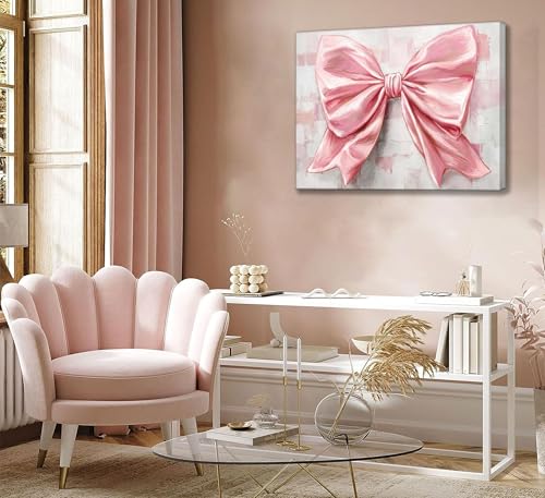 Image of Pink Bow Canvas Wall Art Trendy Cute Preppy Watercolor Bow Painting Pictures Wall Decor Posters Prints Girly Aesthetic for College Apartment Bedroom Decoration