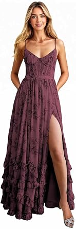 Womens Floral Ruffles V-Neck Bridesmaid Dresses Spaghetti Straps Chiffon Formal Evening Long Dress with Slit