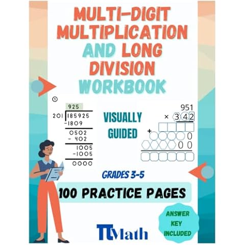 PI MATH 100 practice pages of multi-digit multiplication and Long Division Workbook Grades 3-5: Master multiplication and Long Division, Reproducible ... Guided Gridlines, Answer Key and Examples Cover