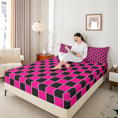 Image of Erosebridal Hot Pink Black Grids Bedding Set Queen Geometric Checkered Bed Sheets Aesthetics Plaid Gingham Sheet Set Kids Boys Girls,Soft Lightweight Fitted Top Sheets 4 Piece