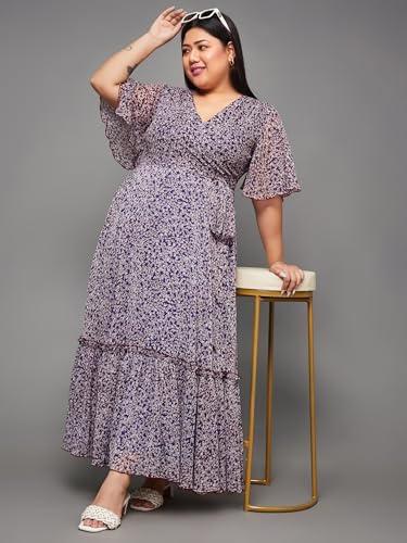 Image of Miss Chase A+ Women's Bohemian V-Neck Flutter Sleeve Chiffon Relaxed Fit Wrap Maxi Dress