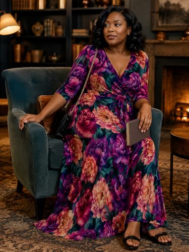 Image of SUZONANA Plus Size Dresses for Women Floral Print Maxi Dress Flowy 3 /4 Sleeve with Belt