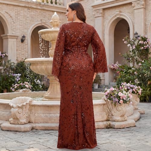 Image of Plus Size Formal Dresses for Women with Embroidery Sequin and Cape Sleeve, V-Neck Maxi Dress for Wedding and Party