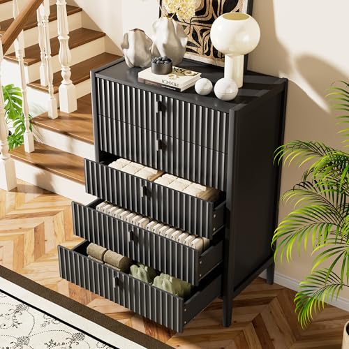 Image of Furniway Black 5 Drawer Dresser, 31.5 inch Wide Modern Chest of Drawers with Fluted Front and Metal Handles, Storage Dresser for Bedroom, Living Room, or Entryway