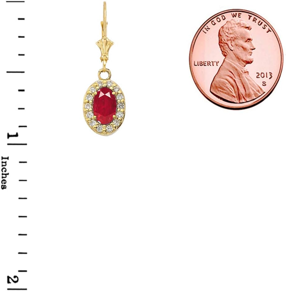 Dazzling 10k Yellow Gold Diamond and Oval-Shaped Ruby Leverback Earrings