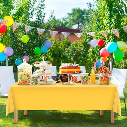 Image of Mulbozy 12 Pcs Yellow Plastic Tablecloth for Rectangle Table, 54 x 108 inches Disposable Yellow Party Table Covers for Birthday, Anniversary, Wedding, Fine Dining, Graduation Party Decoration