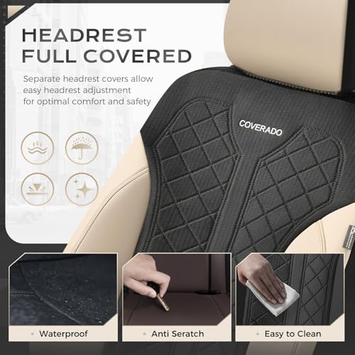 Image of Coverado Front Seat Covers, Beige Seat Covers 2 Seats, Leather Car Protectors 2-Pack, Auto Seat Covers Spill-Proof Design Universal Fit for SUV, Vans, Sedan, Truck