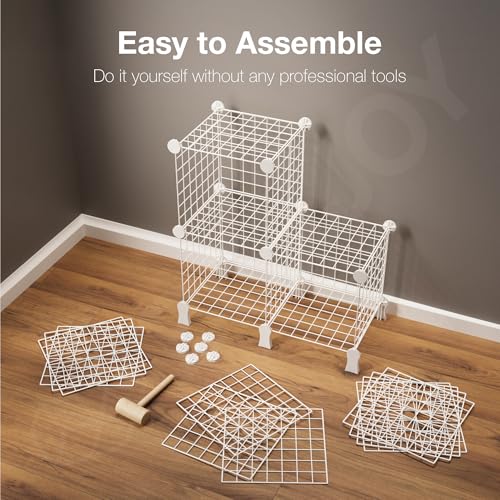 Image of BOXJOY 6 Shelf Metal Grid Open Book Shelf & Showcase Rack for Living Room Display with Bottom Stand | DIY Modular Bookshelf Organizer for Home Bedroom Office | Cabinet Organiser Self Storage (White)