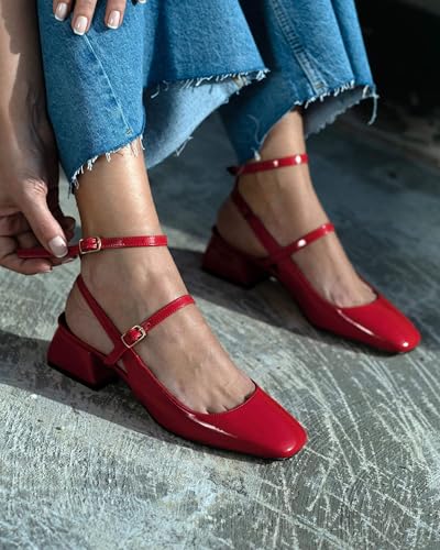 Image of Coutgo Womens Mary Jane Chunky Low Heels Closed Square Toe Ankle Strap Pumps Wedding Party Dress Shoes