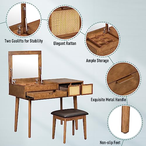 Image of Vanity Table Set with Flip-top Mirror and Cushioned Stool, 43.3 inch Classic Wood Makeup Vanity Set, Dressing Table with 3 Woven Rattan Drawers and Storage Space for Bedroom (Brown with Flip-top Mirror)