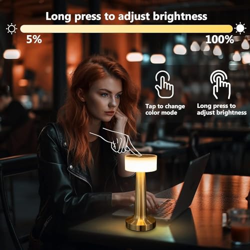 Image of Modern Gold LED Table Lamp - Minimalist Bedside Night Lamp with Warm Light, Rechargeable Touch Control Desk Lamp for Bedroom, Living Room & Office Decor