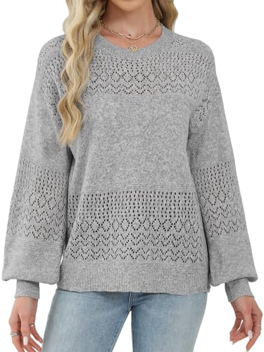 Image of Lylinan Womens Sweaters Casual Boho Long Sleeve Shirts Crewneck Lightweight Crochet Tops Pullover Knit Sweater