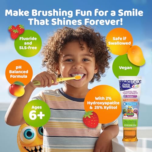 Image of GuruNanda Kids Toothpaste with 2% Hydroxyapatite & 25% Xylitol, Fluoride-Free, Strawberry Mango Flavor, Safe if Swallowed, Gentle & Safe for Young Teeth & Gums, 4.2 oz (Pack of 2)
