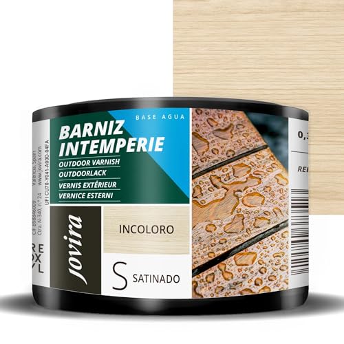JOVIRA PINTURAS Wetterschutz Klarlack auf Wasserbasis, für die Pflege und Dekoration von Holz im Außenbereich. Wetterfester Lack. (375 ml, Satiniert)