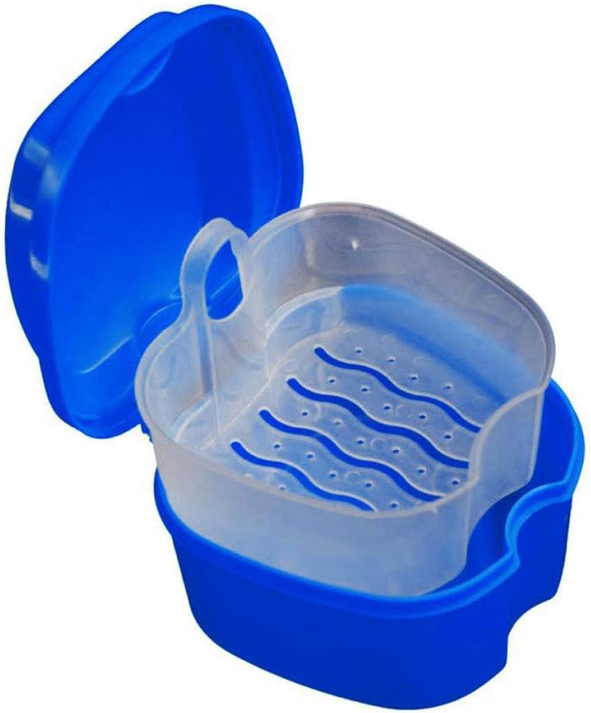 KISEER Denture Bath Case Cup Box Holder Storage Soak Container with Strainer Basket for Travel Cleaning (Blue)