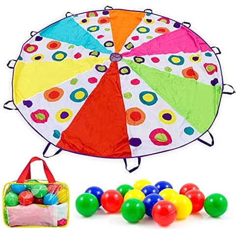 WEMOVE SPORTS Parachute for Kids with Handles – Rainbow Multi-Colored with 16 Balls in Carry Bag, Parachute Toy for Ages 3+Toddlers, to Seniors (10ft – 12 Handles) Cover
