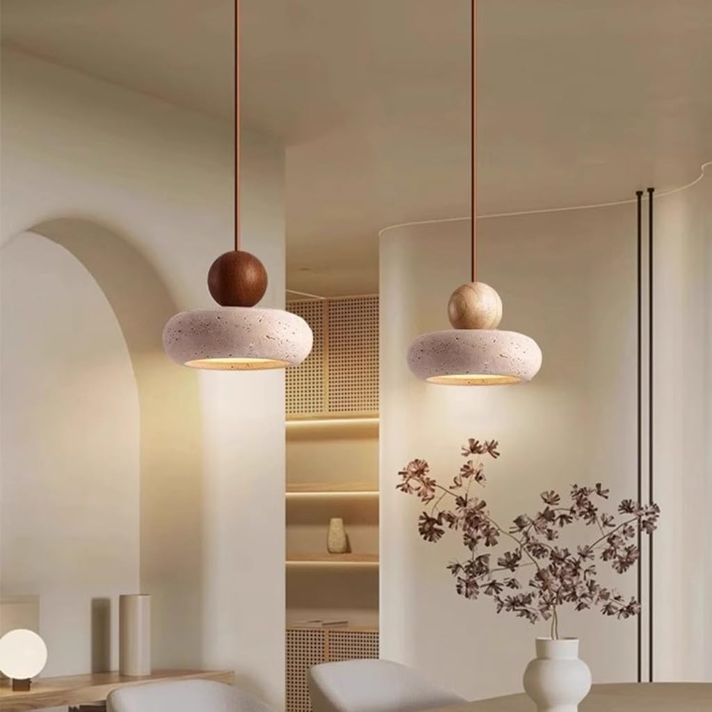 LED Lampa Wisząca do Stołu Jadalnego Naturalny Żółty Trawertyn Lampa Sufitowa Japońska Wabi Sabi Plafoniera Vintage 3 ramienna Lampa do Jadalni Sypialni Wyspy Kuchennej Salonu(B)