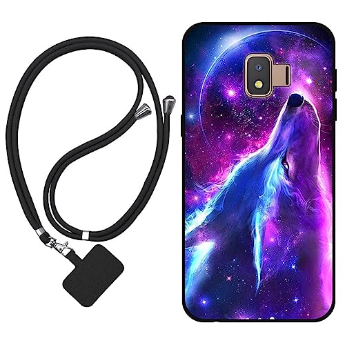 Sunrive Funda Compatible con Samsung Galaxy J2 Core (2020),Slim Fit Gel Mate Carcasa Case Bumper de Impactos y Anti-Arañazos Espalda Cover (Lobo,Luna,Estrellas)+1 X Correa Universal
