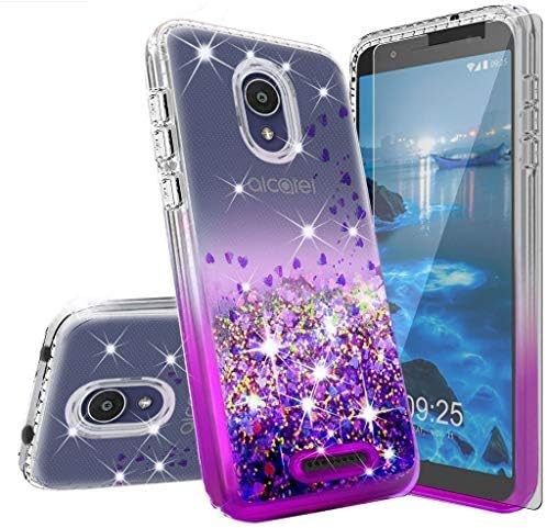Galaxy Wireless Case for Alcatel Insight (Cricket) / TCL A1 A501DL with Tempered Glass Screen Protector, Liquid Glitter Floating Waterfall Shock Proof Girls Women Cute Phone Case - Purple/Clear