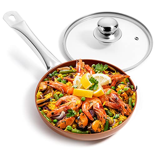 Razab Copper Pan Nonstick with Lid Copper Pan - 8 inch Cookware Non-stick Frying Pan Ceramic Coating Stockpot, Cooking Pot, Copper Aluminum Pan with Lid, Gas Induction Compatible