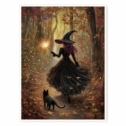 Autumn Witch and Black Cat Poster Enchanted Forest Fall Wall